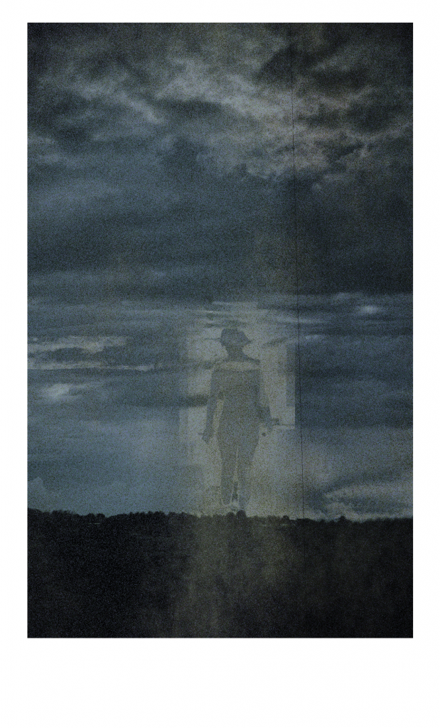 A dimly lit, grainy silhouette of a person stands against a cloudy night sky. The image evokes a mysterious, ethereal mood.